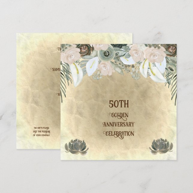 Invitation Vert Mariage Sage doré Fleurs d'aquarelle (Devant / Derrière)