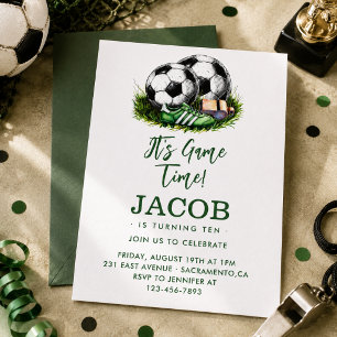 Invitation Vert marine Soccer Enfants Aquarelle