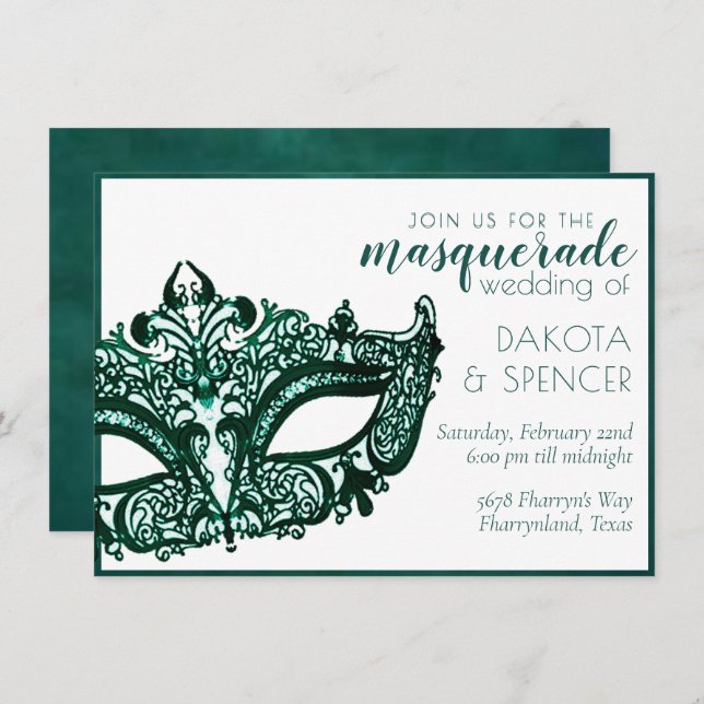 Invitation Vert mascarade | Dark Emerald Mardi Gras Mariage (Devant / Derrière)
