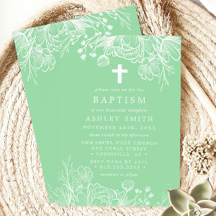 Invitation Vert menthe et floral blanc Baptême