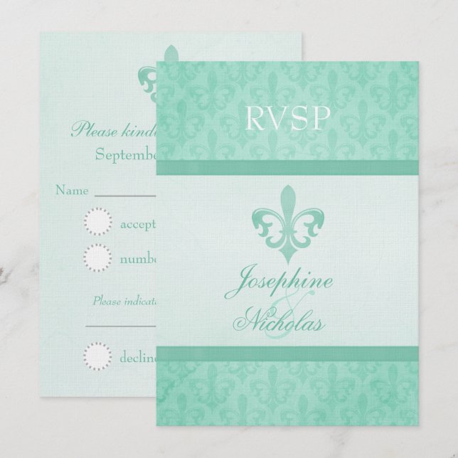 Invitation Vert menthe Fleur De Lis réponse mariage formel (Devant / Derrière)