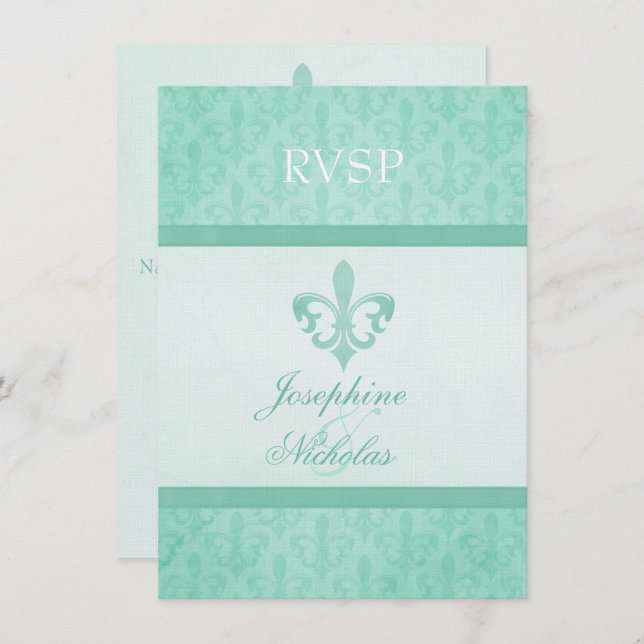 Invitation Vert menthe Fleur De Lis RSVP de mariage formel (Devant / Derrière)