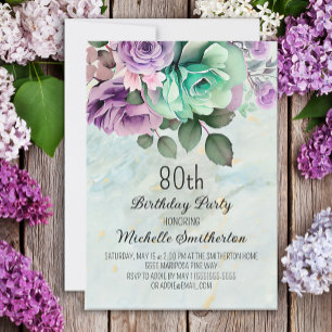 Invitation Vert menthe Fleur papillon 80e Anniversaire 