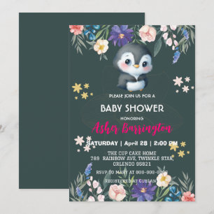 Invitation Vert mignon doux fleur de pingouin baby shower enf