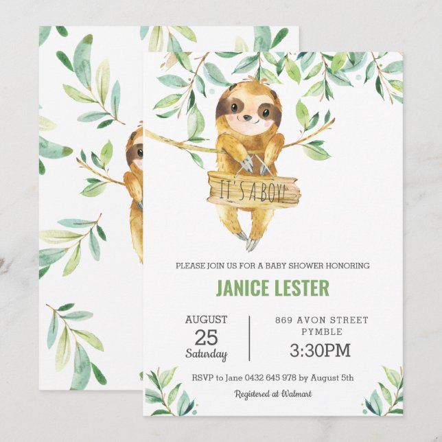 Invitation Vert mignon Sloth Baby shower garçon (Devant / Derrière)