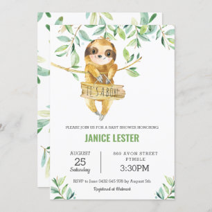 Invitation Vert mignon Sloth Baby shower garçon