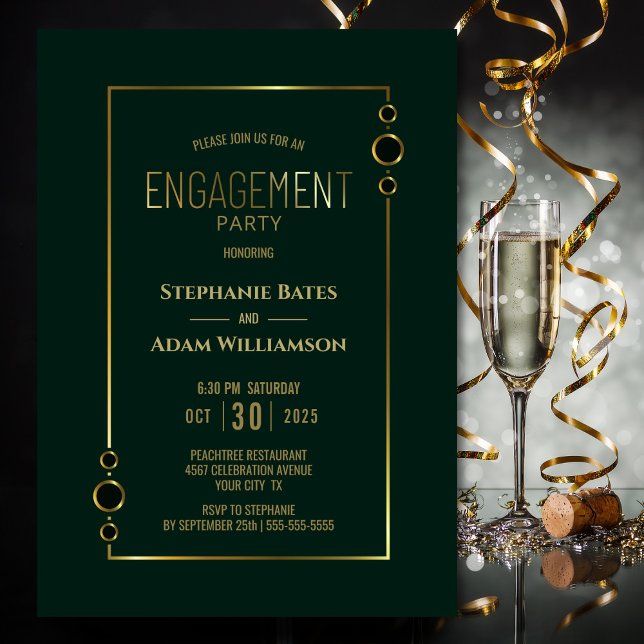 Invitation Vert moderne avec Gold Frame d'engagement (Créateur téléchargé)