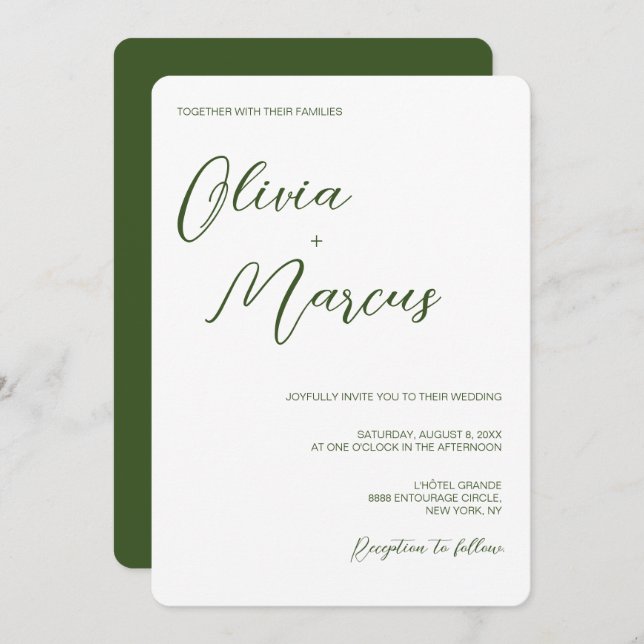 Invitation Vert moderne chic Script Mariage Entourage (Devant / Derrière)