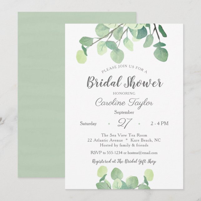 Invitation Vert moderne Fête des mariées simple Eucalyptus (Devant / Derrière)
