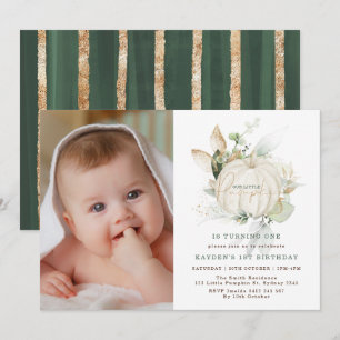 Invitation Vert moderne Gold Little Citrouille Photo d'annive