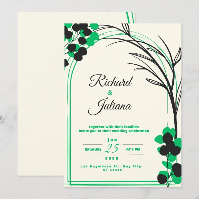 Invitation vert moderne nature aquarelle fleurie (Devant / Derrière)