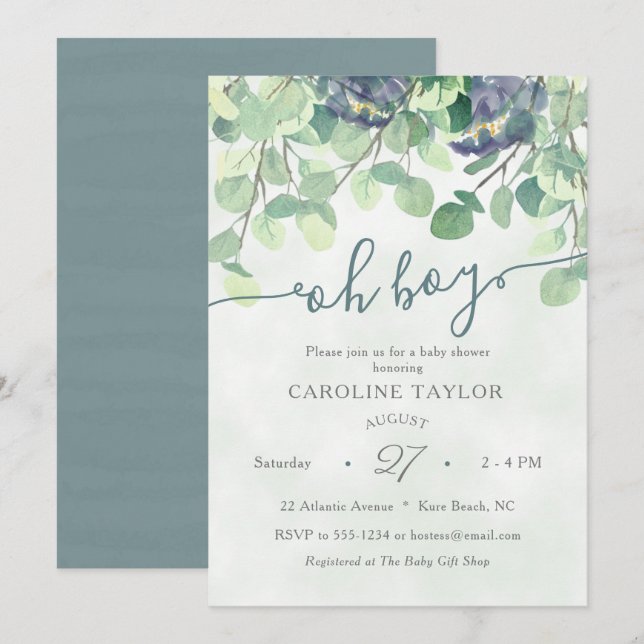 Invitation Vert moderne Oh Boy Blue Baby shower Floral (Devant / Derrière)