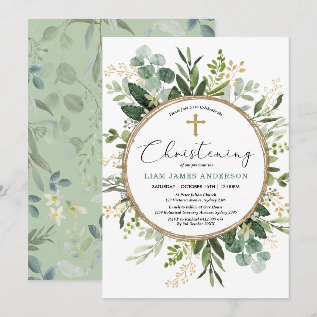 Invitation Vert moderne Or Botanique Feuille Christening (Devant / Derrière)