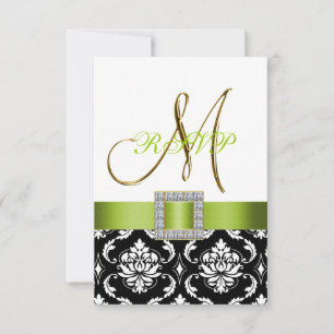 Invitation Vert Noir Blanc Damas Mariage initial RSVP