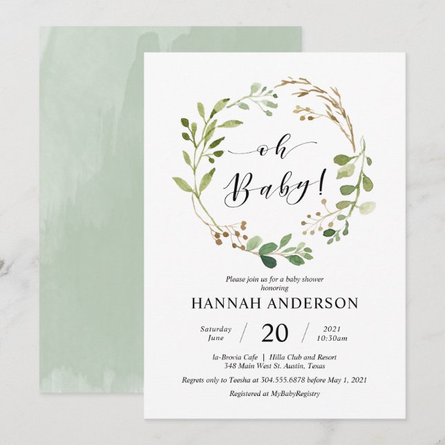 Invitation Vert Oh Baby shower Script moderne (Devant / Derrière)