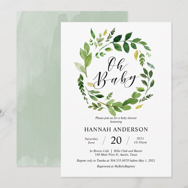 Invitation Vert Oh Baby shower Script moderne (Devant / Derrière)