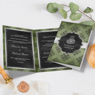 Invitation Vert olive argent noir damas musulman mariage