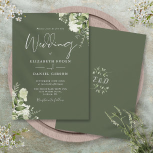 Invitation Vert olive Feuilles Monogramme Mariage 