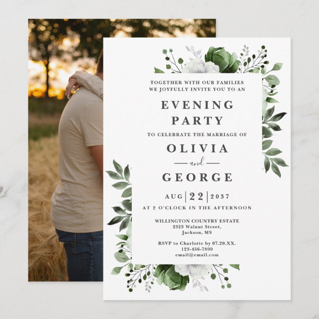 Invitation Vert olive Fleurs Mariage Soirée Photo (Devant / Derrière)