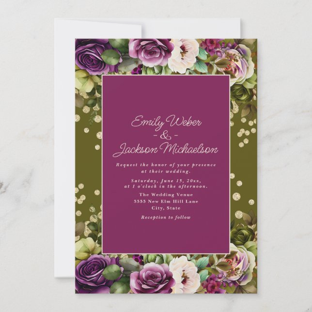 Invitation Vert olive rose aquarelle floral (Devant)