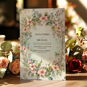 Invitation Vert olive rose floral Art Nouveau Mariage