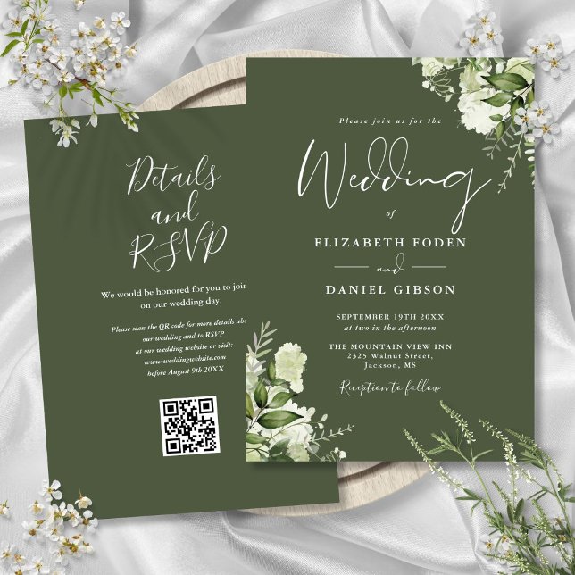 Invitation Vert olive vert verdure Floral QR Code Mariage (Olive Green Greenery Floral QR Code Wedding Invitation)