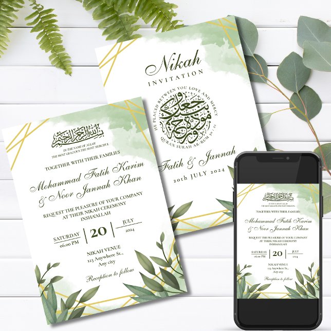 Invitation Vert Or Blanc Mariage musulman Nikah (Créateur téléchargé)