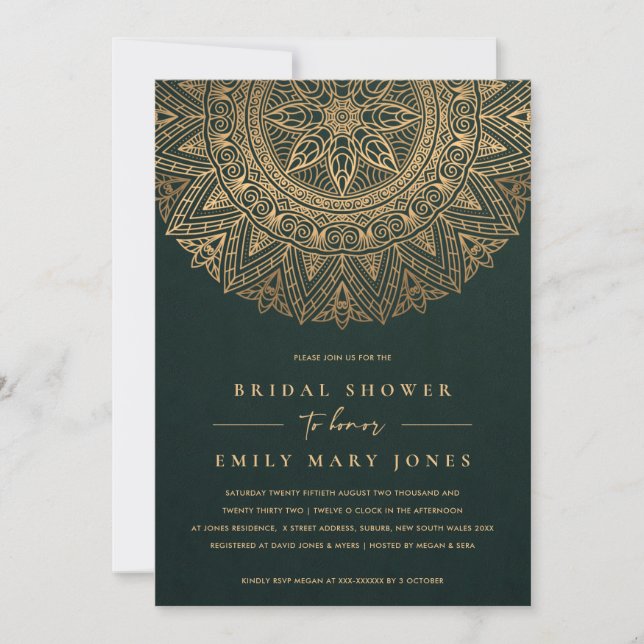INVITATION VERT OR CLASSIQUE ORNATE MANDALA FÊTE DES MARIÉES (Devant)