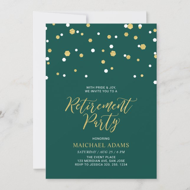 Invitation Vert & Or | Parti de retraite Hexagon Confetti (Devant)