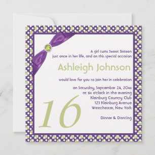 Invitation Vert, pourpre et blanc Polka Dot Sweet 16