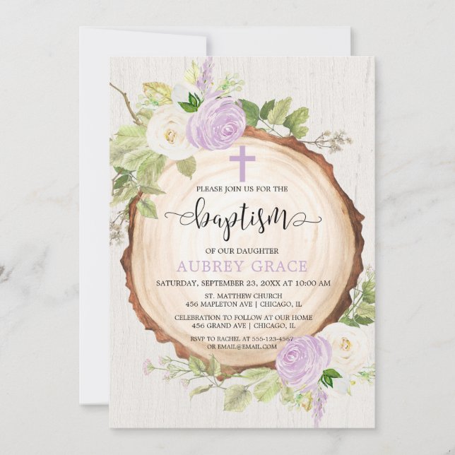Invitation Vert pourpre rustique fille baptême bois (Devant)