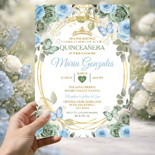 Invitation Vert poussiéreux et bleu floral doré Quinceañera