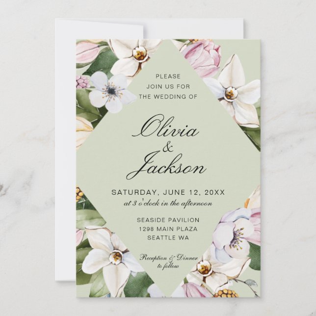 Invitation Vert printemps | Mariage floral rose Tulip Daffodi (Devant)