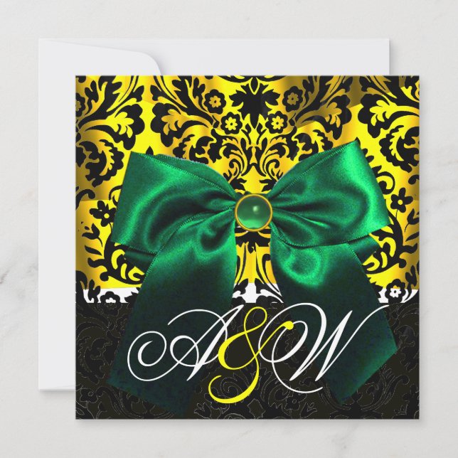 INVITATION VERT RIBBON OR JAUNE BLACK DAMASK MONOGRAM (Devant)