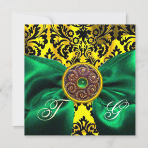 INVITATION VERT RIBBON OR JAUNE BLACK DAMASK MONOGRAM