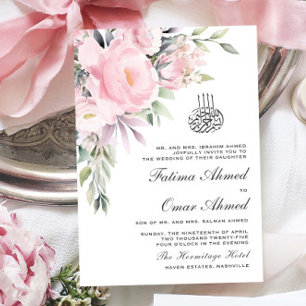 Invitation Vert rose Floral QR Code Mariage musulman