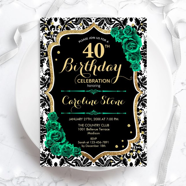 Invitation Vert Rose Gold Black Damask 40e anniversaire (Créateur téléchargé)
