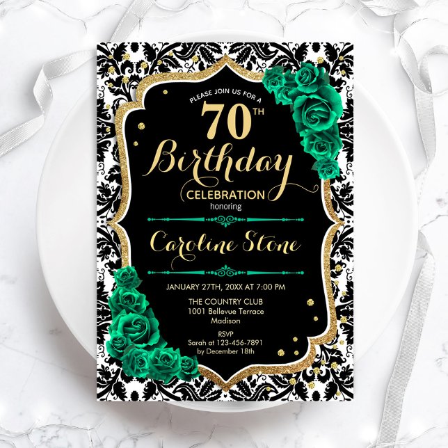 Invitation Vert Rose Gold Black Damask 70e anniversaire (Créateur téléchargé)
