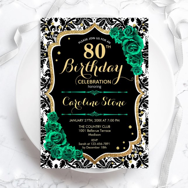 Invitation Vert Rose Gold Black Damask 80e anniversaire (Créateur téléchargé)