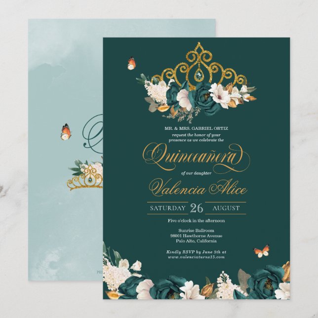 Invitation Vert Rose Gold Tiara Papillon Flor Quinceanera (Devant / Derrière)