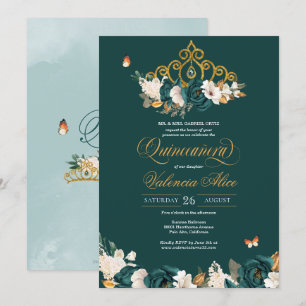 Invitation Vert Rose Gold Tiara Papillon Flor Quinceanera