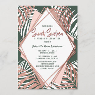 Invitation Vert Rose Gold Tropical Palm Tree Feuille Sweet 16