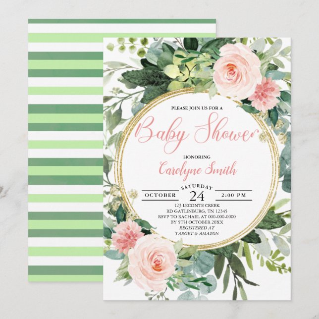 Invitation Vert rose or Aquarelle Baby shower botanique (Devant / Derrière)