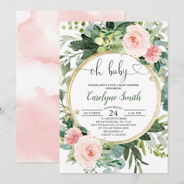 Invitation Vert rose pâle Oh Baby Girl Baby shower (Devant / Derrière)