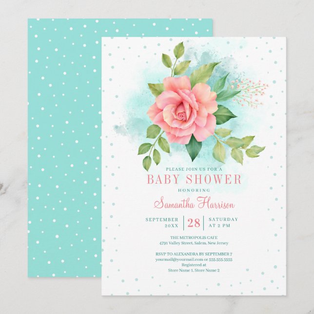 Invitation Vert rose Turquoise Ombre Floral Aquarelle Rose (Devant / Derrière)