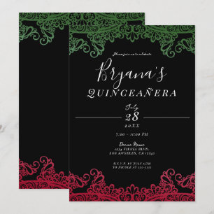 Invitation Vert & Rouge Élégante Fête de 15 ans Noire
