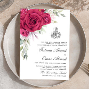 Invitation Vert Rouge Floral QR Code Mariage musulman
