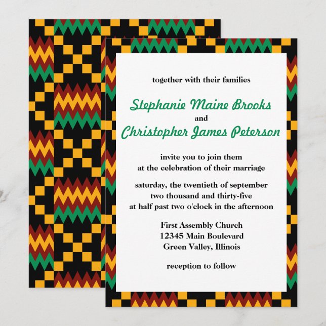 Invitation Vert, Rouge foncé, Tissu Kente Jaune (Devant / Derrière)