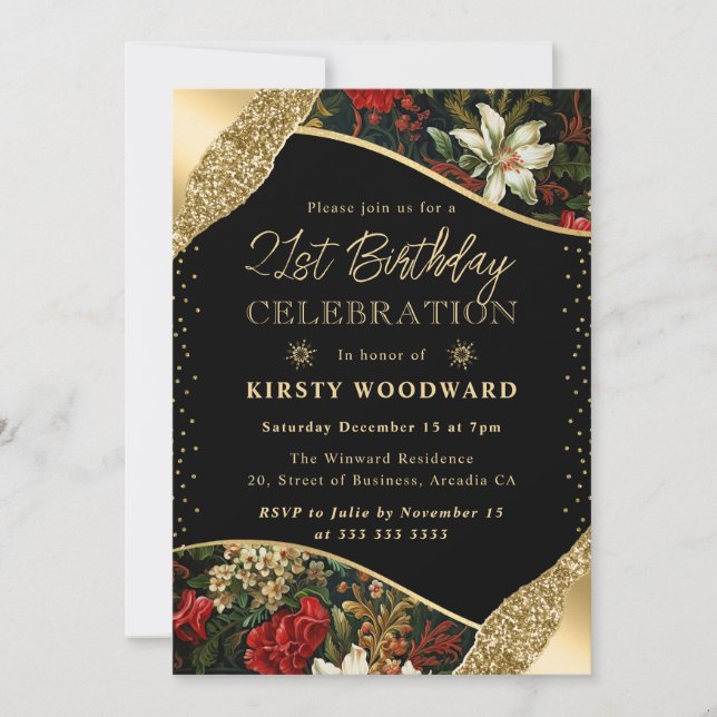 Invitation Vert Rouge & Or Fleurs d'hiver 21e anniversaire (Devant)