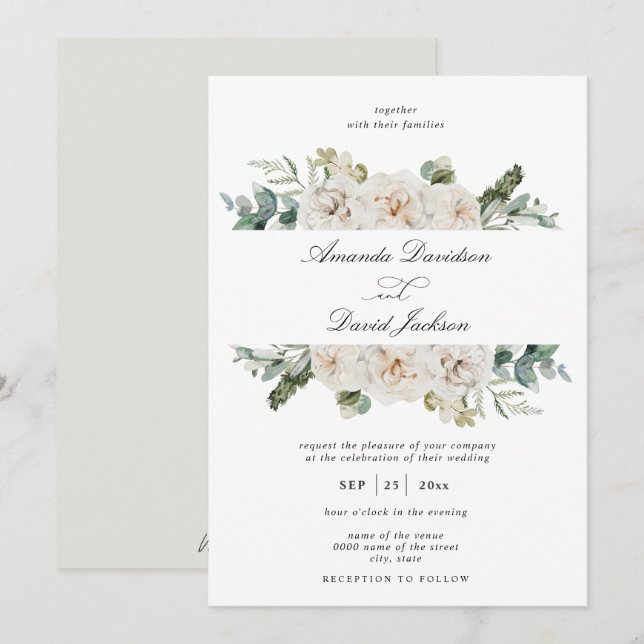 Invitation Vert rustique Blanc Floral Sage Vert Mariage (Devant / Derrière)